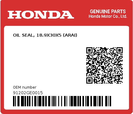 Product image: Honda - 91202GE0015 - OIL SEAL, 18.9X30X5 (ARAI)  0
