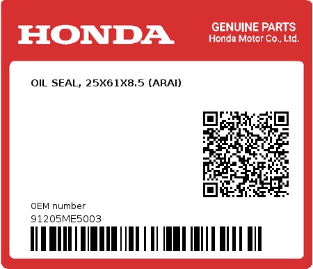 Product image: Honda - 91205ME5003 - OIL SEAL, 25X61X8.5 (ARAI)  0