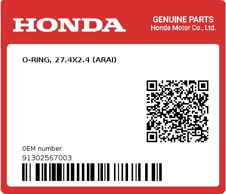 Product image: Honda - 91302567003 - O-RING, 27.4X2.4 (ARAI)  0