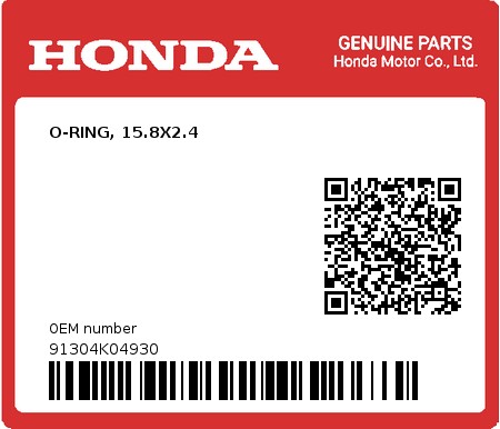 Product image: Honda - 91304K04930 - O-RING, 15.8X2.4  0
