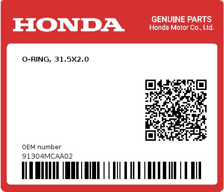 Product image: Honda - 91304MCAA02 - O-RING, 31.5X2.0  0