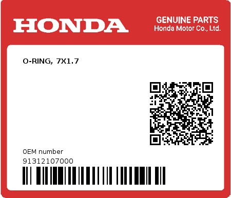 Product image: Honda - 91312107000 - O-RING, 7X1.7  0