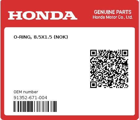Product image: Honda - 91352-671-004 - O-RING, 8.5X1.5 (NOK)  0