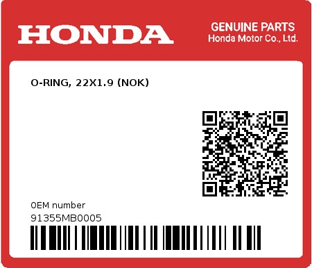 Product image: Honda - 91355MB0005 - O-RING, 22X1.9 (NOK)  0