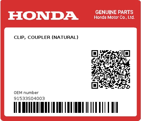 Product image: Honda - 91533S04003 - CLIP, COUPLER (NATURAL)  0