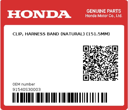 Product image: Honda - 91540S30003 - CLIP, HARNESS BAND (NATURAL) (151.5MM)  0