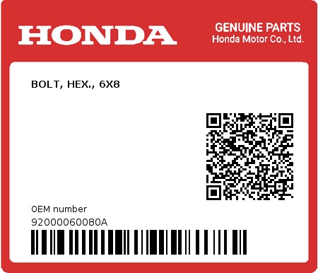Product image: Honda - 92000060080A - BOLT, HEX., 6X8  0