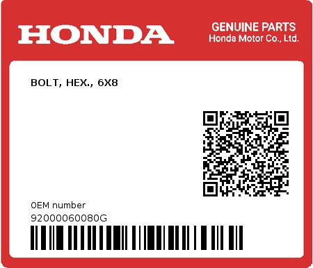 Product image: Honda - 92000060080G - BOLT, HEX., 6X8  0