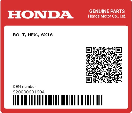 Product image: Honda - 92000060160A - BOLT, HEX., 6X16  0