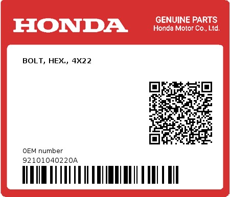 Product image: Honda - 92101040220A - BOLT, HEX., 4X22  0