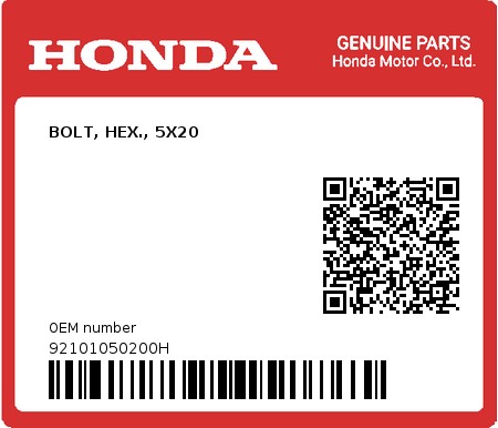 Product image: Honda - 92101050200H - BOLT, HEX., 5X20  0