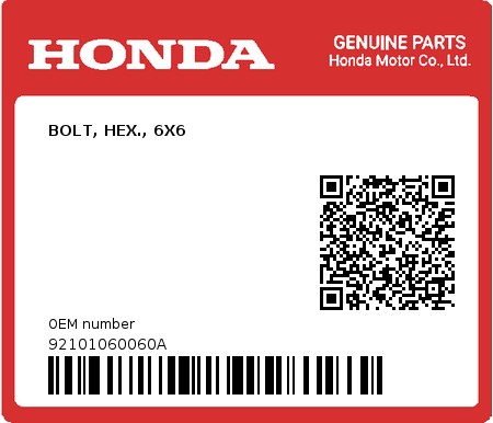 Product image: Honda - 92101060060A - BOLT, HEX., 6X6  0