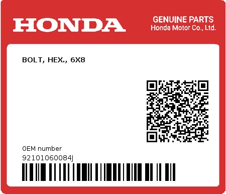 Product image: Honda - 92101060084J - BOLT, HEX., 6X8  0
