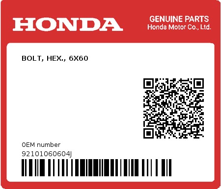 Product image: Honda - 92101060604J - BOLT, HEX., 6X60  0