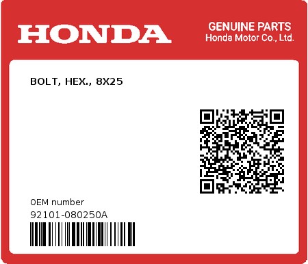 Product image: Honda - 92101-080250A - BOLT, HEX., 8X25  0