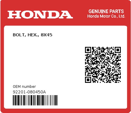 Product image: Honda - 92201-080450A - BOLT, HEX., 8X45  0