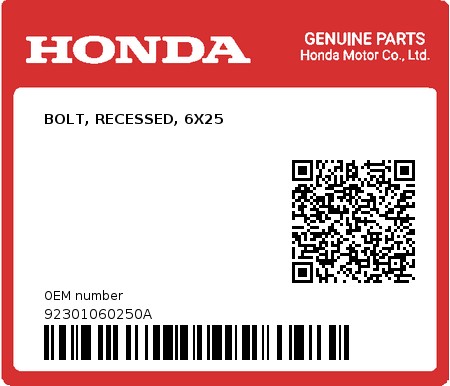 Product image: Honda - 92301060250A - BOLT, RECESSED, 6X25  0