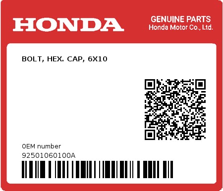 Product image: Honda - 92501060100A - BOLT, HEX. CAP, 6X10  0