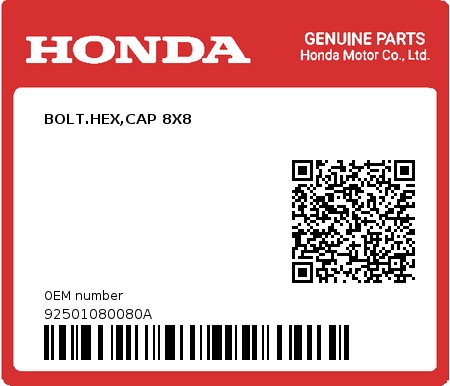 Product image: Honda - 92501080080A - BOLT.HEX,CAP 8X8  0