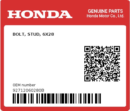 Product image: Honda - 92712060280B - BOLT, STUD, 6X28  0