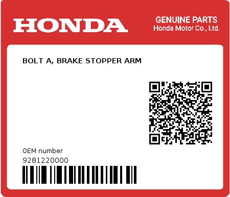 Product image: Honda - 9281220000 - BOLT A, BRAKE STOPPER ARM  0