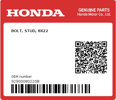 Product image: Honda - 92900080220B - BOLT, STUD, 8X22  0