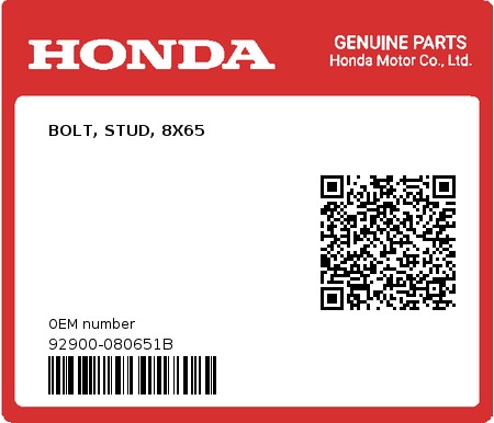 Product image: Honda - 92900-080651B - BOLT, STUD, 8X65  0