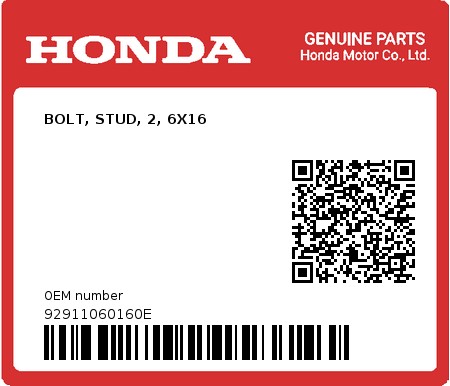 Product image: Honda - 92911060160E - BOLT, STUD, 2, 6X16  0