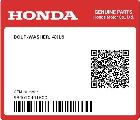 Product image: Honda - 934010401600 - BOLT-WASHER, 4X16  0