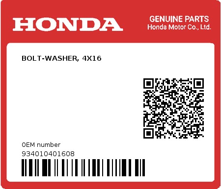 Product image: Honda - 934010401608 - BOLT-WASHER, 4X16  0