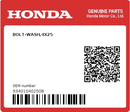 Product image: Honda - 934010402508 - BOLT-WASH,4X25  0
