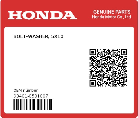 Product image: Honda - 93401-0501007 - BOLT-WASHER, 5X10  0