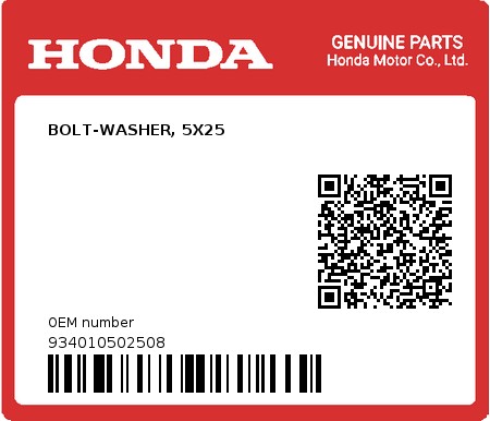 Product image: Honda - 934010502508 - BOLT-WASHER, 5X25  0