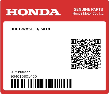 Product image: Honda - 934010601400 - BOLT-WASHER, 6X14  0
