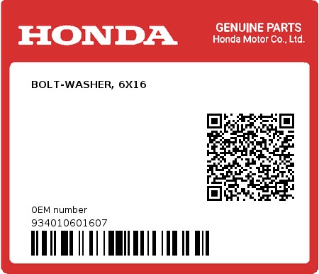Product image: Honda - 934010601607 - BOLT-WASHER, 6X16  0