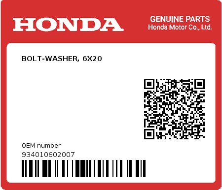 Product image: Honda - 934010602007 - BOLT-WASHER, 6X20  0