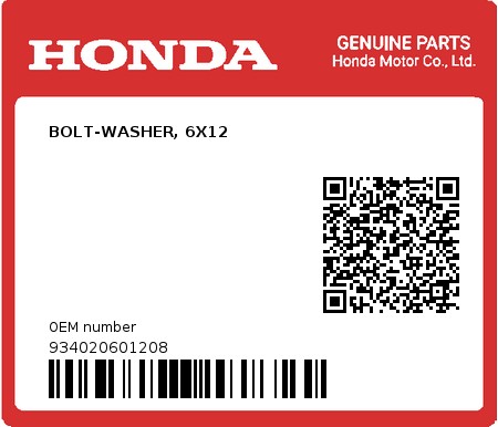 Product image: Honda - 934020601208 - BOLT-WASHER, 6X12  0