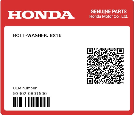 Product image: Honda - 93402-0801600 - BOLT-WASHER, 8X16  0