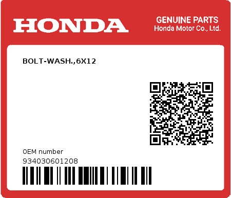 Product image: Honda - 934030601208 - BOLT-WASH.,6X12  0