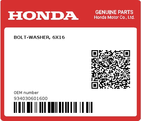 Product image: Honda - 934030601600 - BOLT-WASHER, 6X16  0