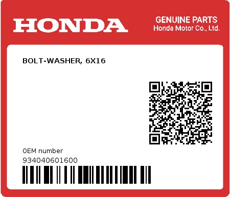 Product image: Honda - 934040601600 - BOLT-WASHER, 6X16  0