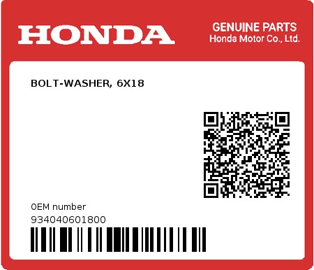 Product image: Honda - 934040601800 - BOLT-WASHER, 6X18  0
