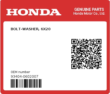 Product image: Honda - 93404-0602007 - BOLT-WASHER, 6X20  0