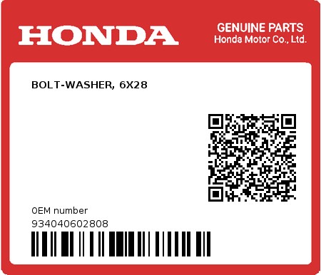 Product image: Honda - 934040602808 - BOLT-WASHER, 6X28  0