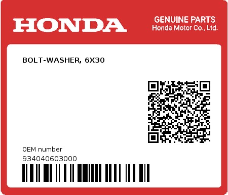 Product image: Honda - 934040603000 - BOLT-WASHER, 6X30  0