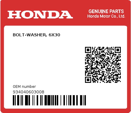 Product image: Honda - 934040603008 - BOLT-WASHER, 6X30  0