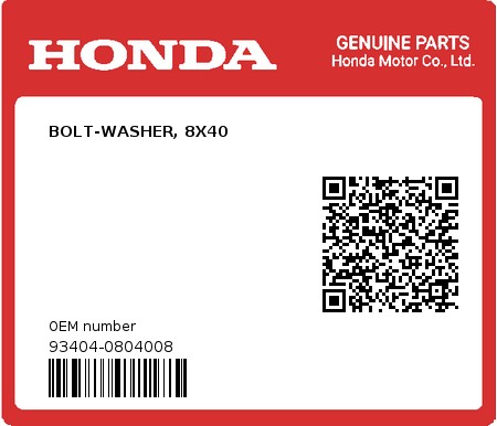 Product image: Honda - 93404-0804008 - BOLT-WASHER, 8X40  0