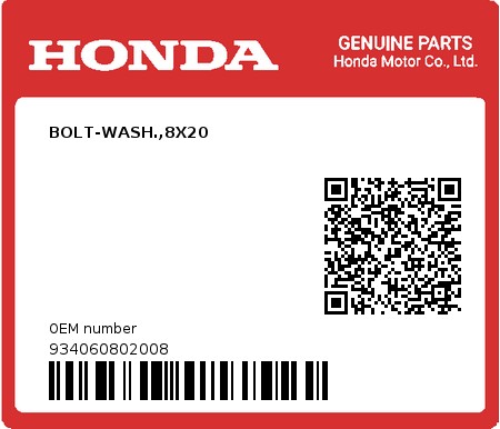 Product image: Honda - 934060802008 - BOLT-WASH.,8X20  0