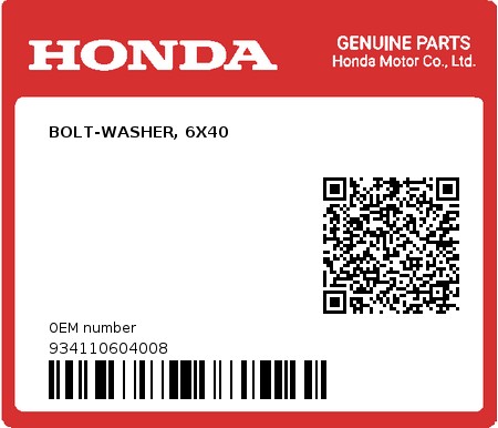 Product image: Honda - 934110604008 - BOLT-WASHER, 6X40  0