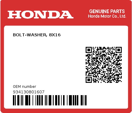 Product image: Honda - 934130801607 - BOLT-WASHER, 8X16  0